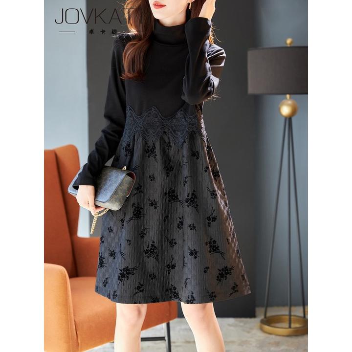 卓卡缇半高领蕾丝拼接长袖女装连衣裙2025秋季新款优雅修身中长裙