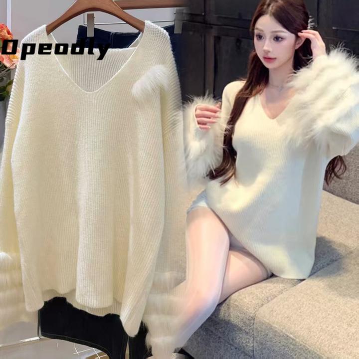 Opeodly韩系慵懒风毛毛袖针织衫女秋冬新款宽松显瘦百搭软糯毛衣