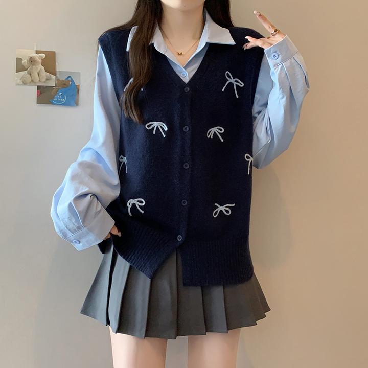 2025初秋新款胖mm大码女学院风立体蝴蝶结假两件马甲拼接衬衣百搭
