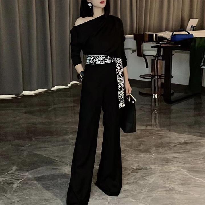2024年春秋高端轻奢时尚套装气质显瘦黑色露肩衬衣阔腿裤两件套
