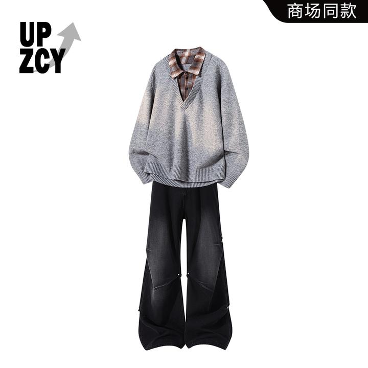 UPZCY假两件衬衫领针织毛衣套装男款秋冬季渐变高街牛仔裤两件套