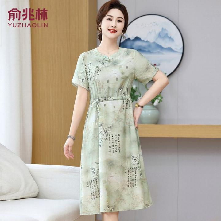 俞兆林新中式妈妈洋气连衣裙新款夏装中老年女装改良版旗袍短袖雪