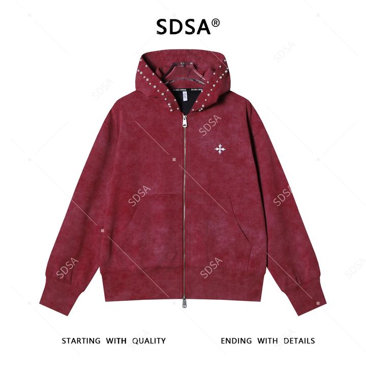 SDSA秋冬新款痞帅男装潮牌立体珠子撞色拉链连帽卫衣刺绣百搭上衣