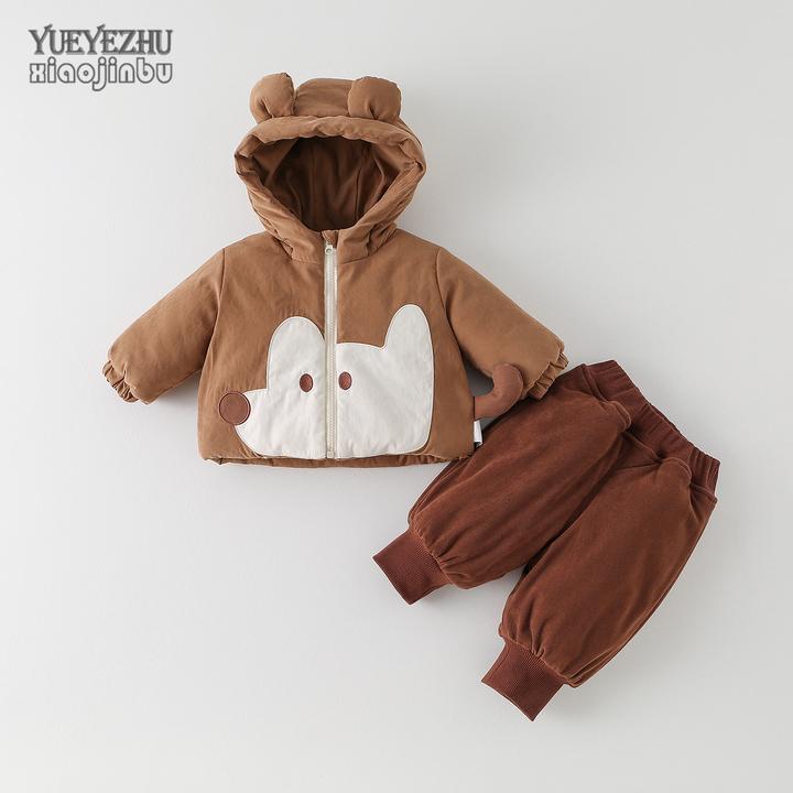 男宝宝韩版套装秋冬加棉加厚婴幼儿保暖衣服冬装儿童连帽两件套潮