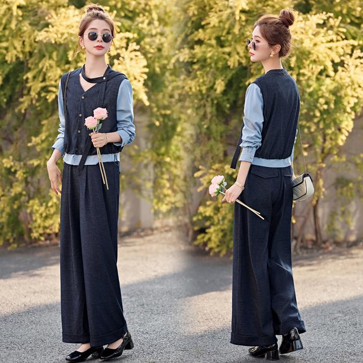 时尚套装春秋出游衣服显瘦气质休闲复古宽松2025新款假两件长裤