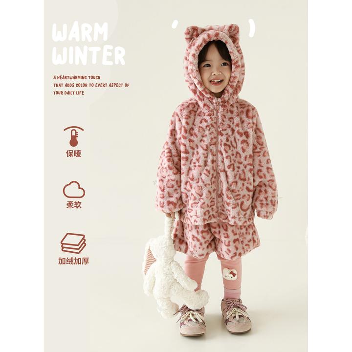 幼悠女童冬装复古粉色豹纹毛毛衣套装可爱超萌儿童衣服D4414-1