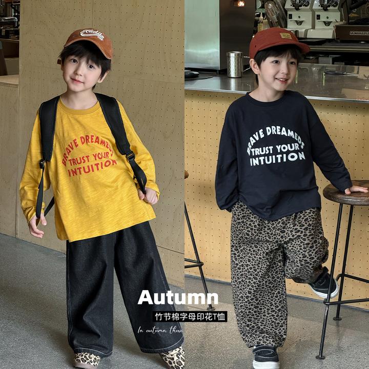 棉小班童装秋季新款竹节棉字母印花打底衫百搭儿童T恤AQ5043