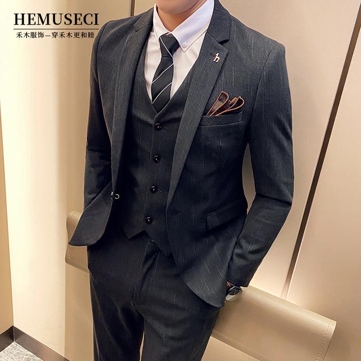 高端男士西服套装男商务大码正装婚礼结婚修身条纹平驳领韩版潮流