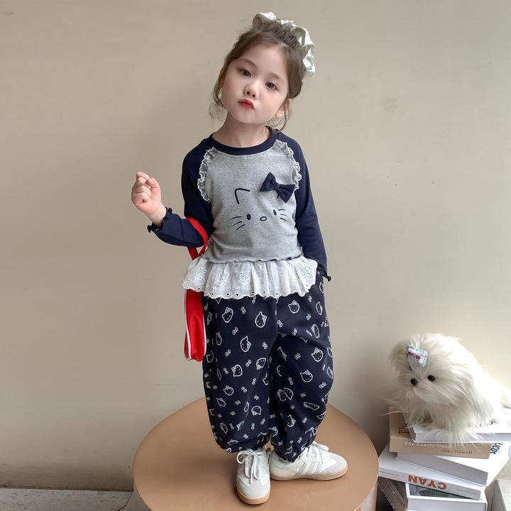 女童秋季新款韩版套装儿童潮流洋气时尚百搭女宝猫咪花边休闲套装