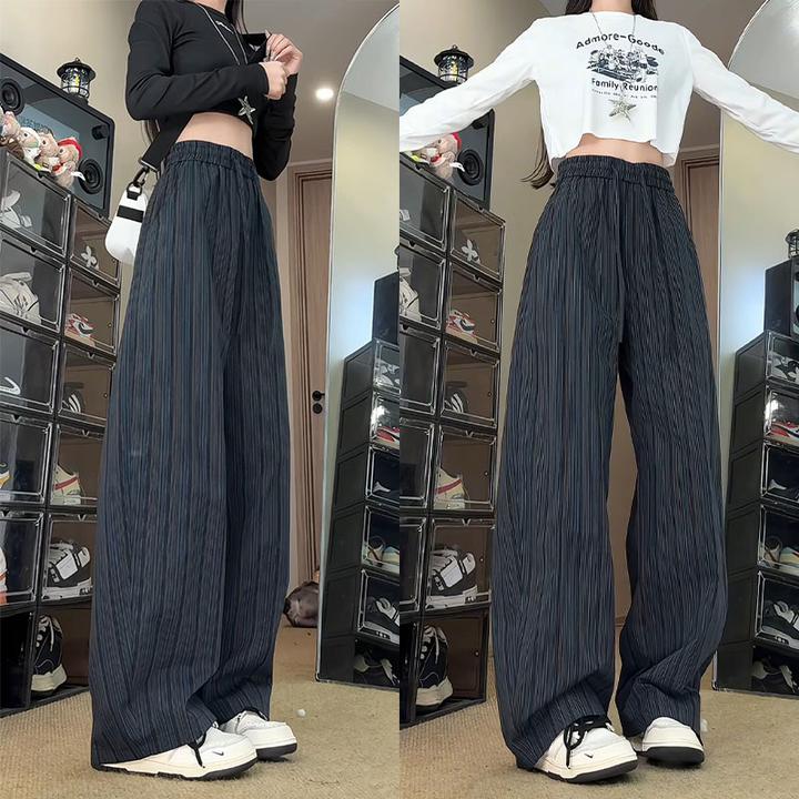 老钱风蓝灰细条纹阔腿弯刀裤美式复古做旧早秋设计感垂感休闲裤子