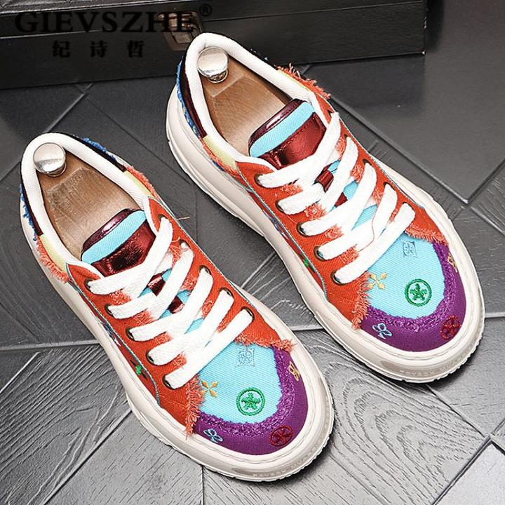 纪诗哲男鞋新款透气帆布鞋潮流百搭拼色厚底增高轻奢老花增高厚底