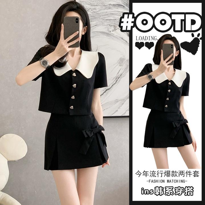 小香风娃娃领时尚套装女夏季通勤短款西装上衣高腰显瘦裙裤两件套