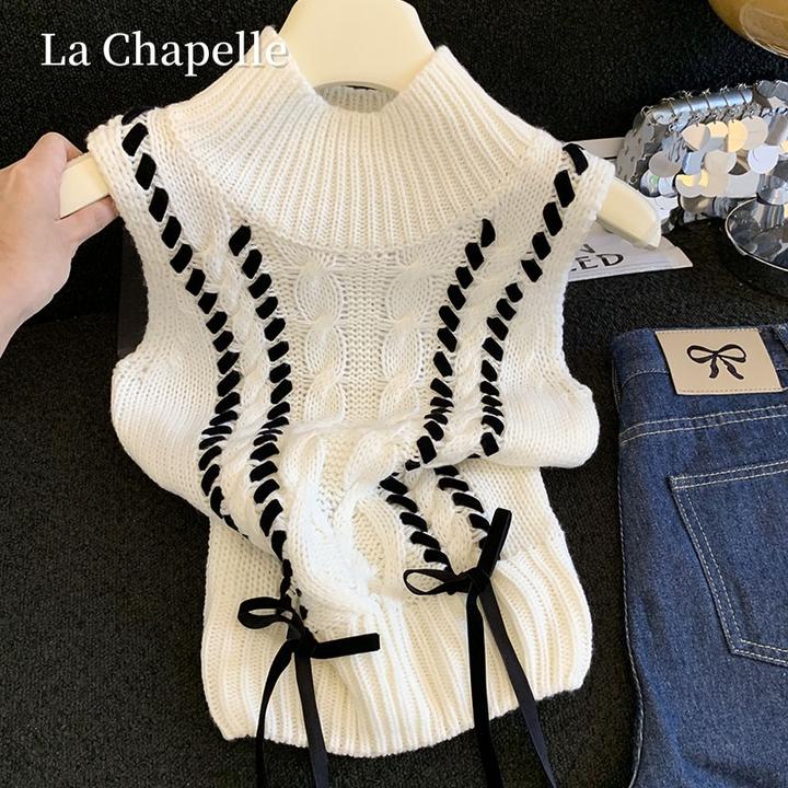 拉夏贝尔辣妹纯欲风麻花纹系带设计感紧身收腰显瘦无袖针织上衣女