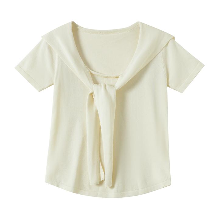 大朗毛衣工厂批发春夏优雅淑女浅黄色短袖假两件套头针织衫