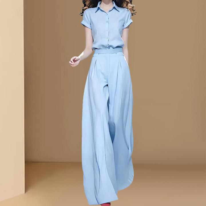 简约搭配一整套时尚御姐气质蓝色短袖衬衫垂感阔腿裤套装夏季新款