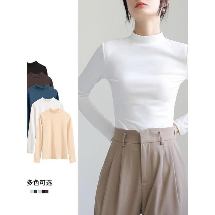 韩国小立领白色修身针织打底衫2025秋冬薄款外穿半高领长袖t恤女