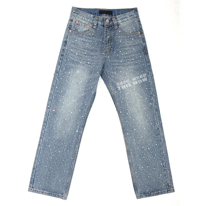 【100棉满天星烫钻直筒裤】THISWOW美式百搭牛仔裤网红潮牌老白002