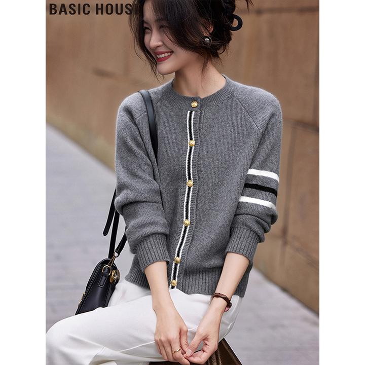 Basic House/百家好灰色圆领毛衣外套慵懒长袖针织开衫女2025冬季