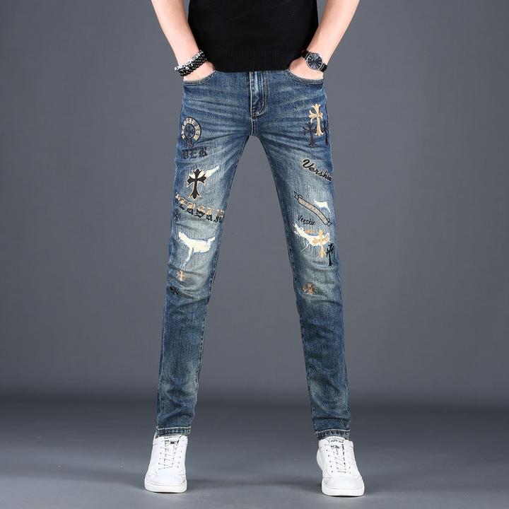 秋冬牛仔裤男款破洞刺绣时尚痞帅2025新款修身小脚男士百搭牛仔裤