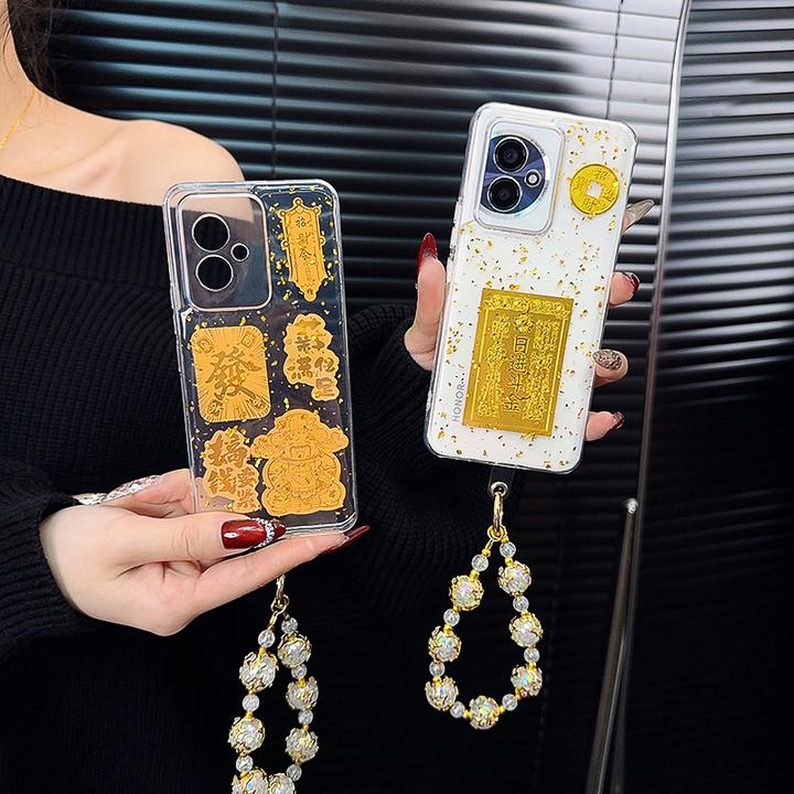 适用荣耀100手机壳新款100pro套滴胶honor金箔财神爷日进斗金女款