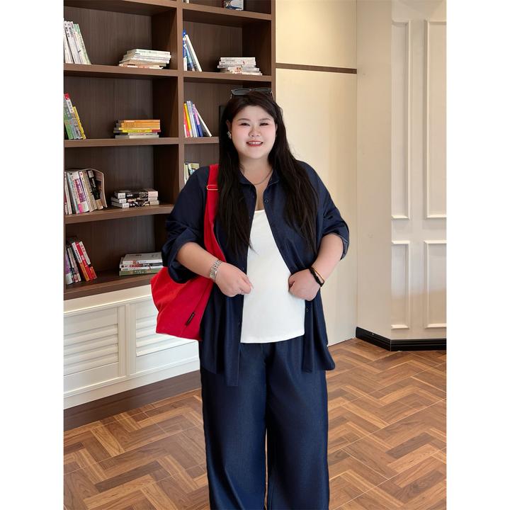 大码女装花契200斤胖mm港风仿天丝牛仔衬衫拖地阔腿裤套装15750-X