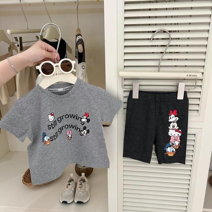 女童新款2025灰色短袖T恤骑行短裤韩版气质童装夏卡通两件套