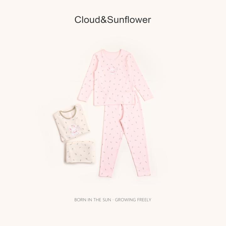 【云朵小葵】女童秋季新款小兔蝴蝶满印小花保暖家居服套装53263