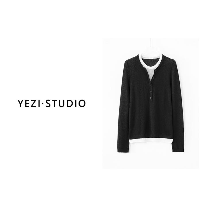 【海岛之恋】牦牛绒混纱撞色亨利领拼接假两件套头针织衫25320003