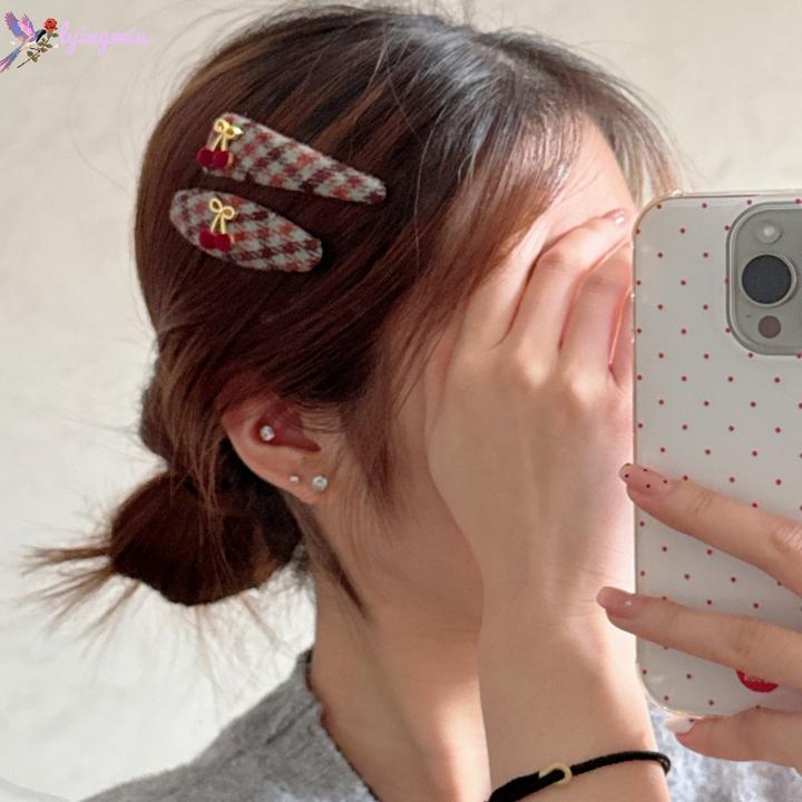 韩系毛呢格纹樱桃少女甜美可爱bb夹刘海碎发夹子侧边夹掰掰夹发饰