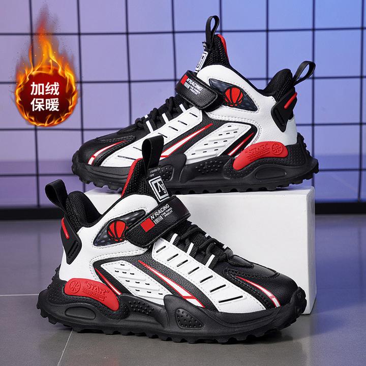 童鞋2024秋冬新款防水皮面纽扣运动鞋男童防滑软底加绒运动篮球鞋
