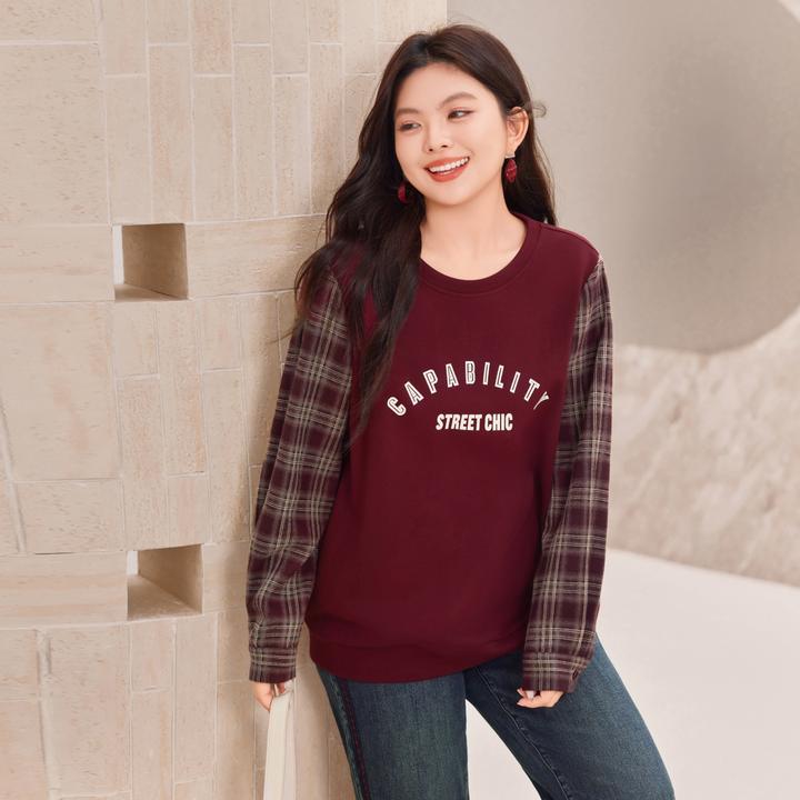 【复古磨毛格子拼接卫衣】MsShe大码女装2025秋装印花套头Q2508006