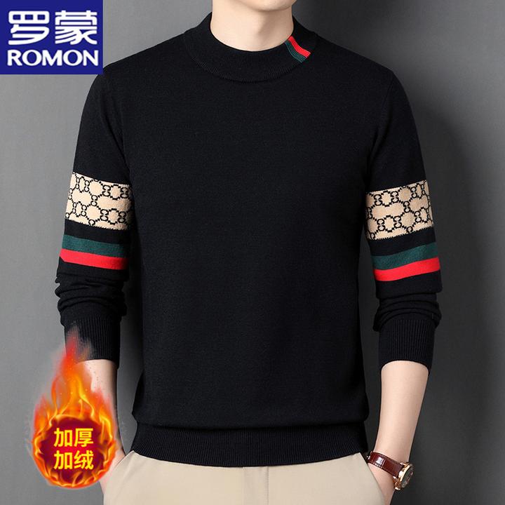 罗蒙正品男士加绒加厚毛衣中青年时尚休闲保暖针织衫圆领套头打底