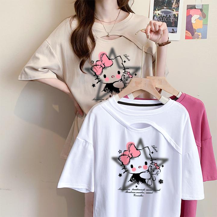 纯棉大码镂空拼接圆领短袖T恤女夏季胖mm显瘦设计感纯欲风上衣潮