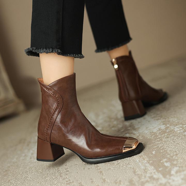 5.5cm~法式复古秋冬新款金属方头马丁靴女粗跟后拉链显瘦高跟短靴