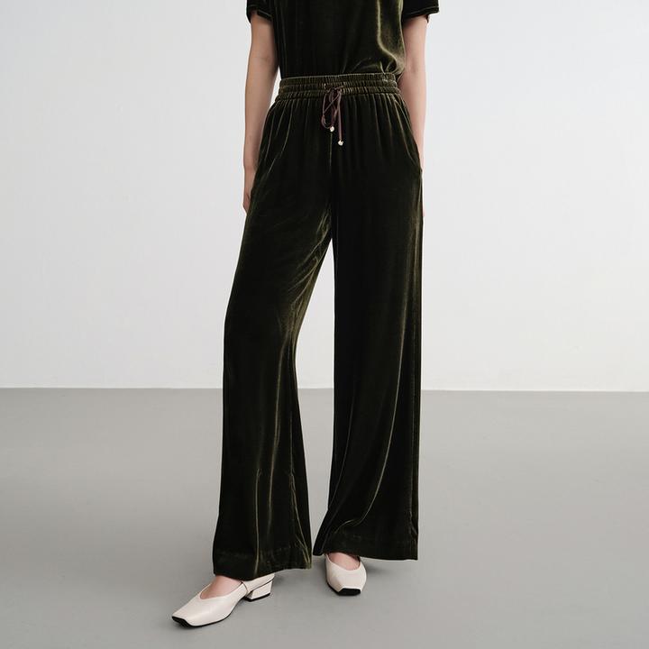 EP雅莹2025新款女装 真丝丝绒垂感抽绳宽松显瘦高腰阔腿裤6418A