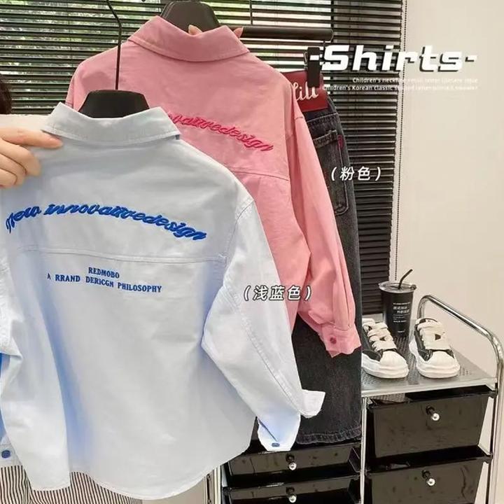 2025春秋新款男童衬衣长袖儿童衬衫帅气百搭洋气女童上衣蓝色春装