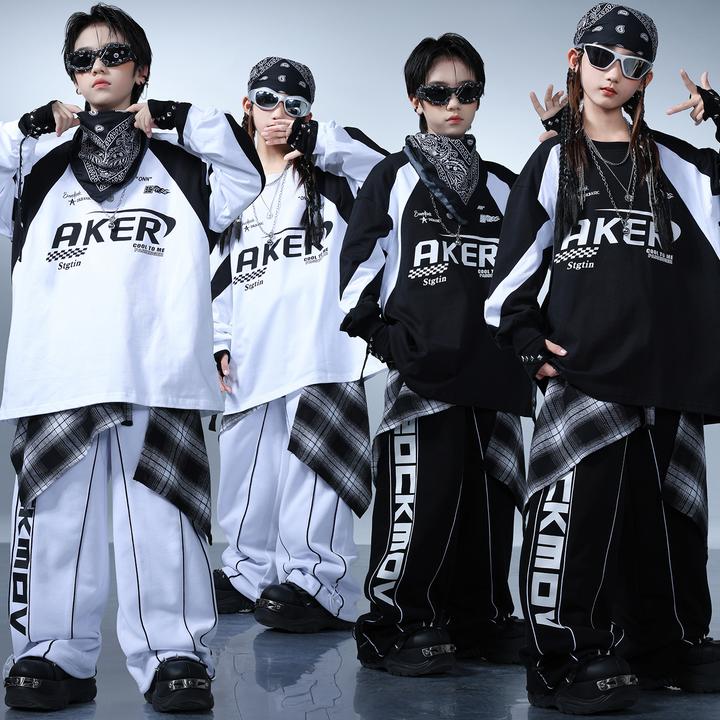 儿童嘻哈街舞服男童潮牌卫衣hiphop架子鼓练功服女童爵士舞演出服