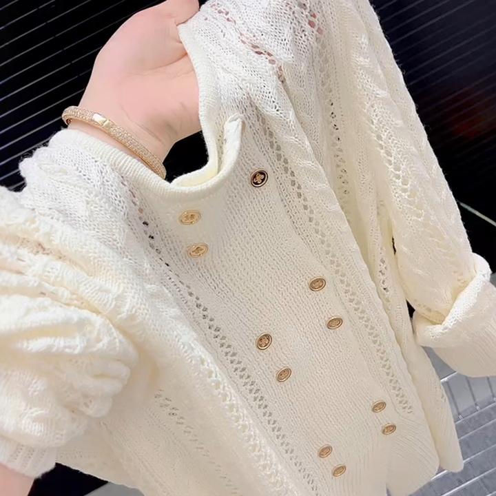 早秋新款独特漂亮软糯慵懒上衣高级感超好看米白色针织镂空T恤女