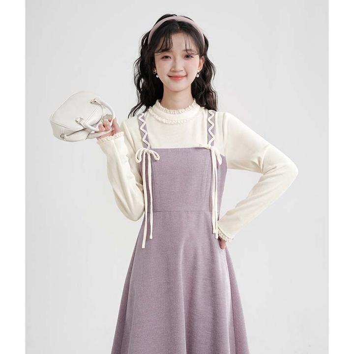法式紫色拼接假两件连衣裙女秋冬温柔风打底a字内搭长裙D4435