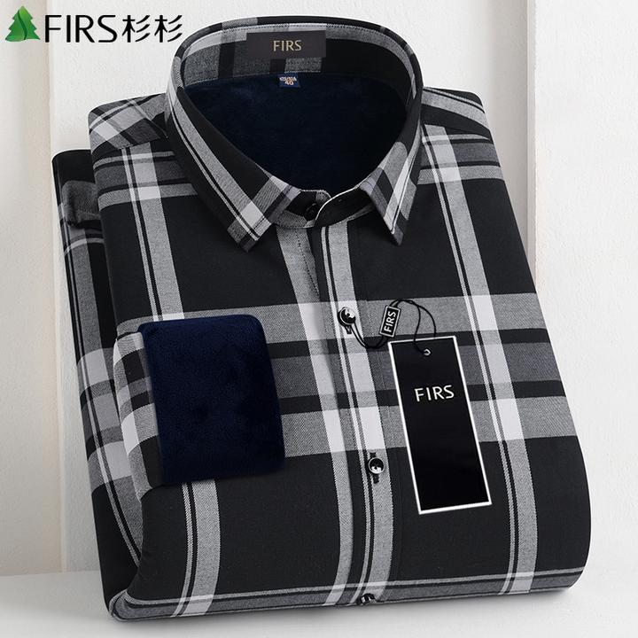 杉杉纯棉黑白大格子男士加绒衬衫男款秋冬款内搭保暖衬衣加厚棉衣