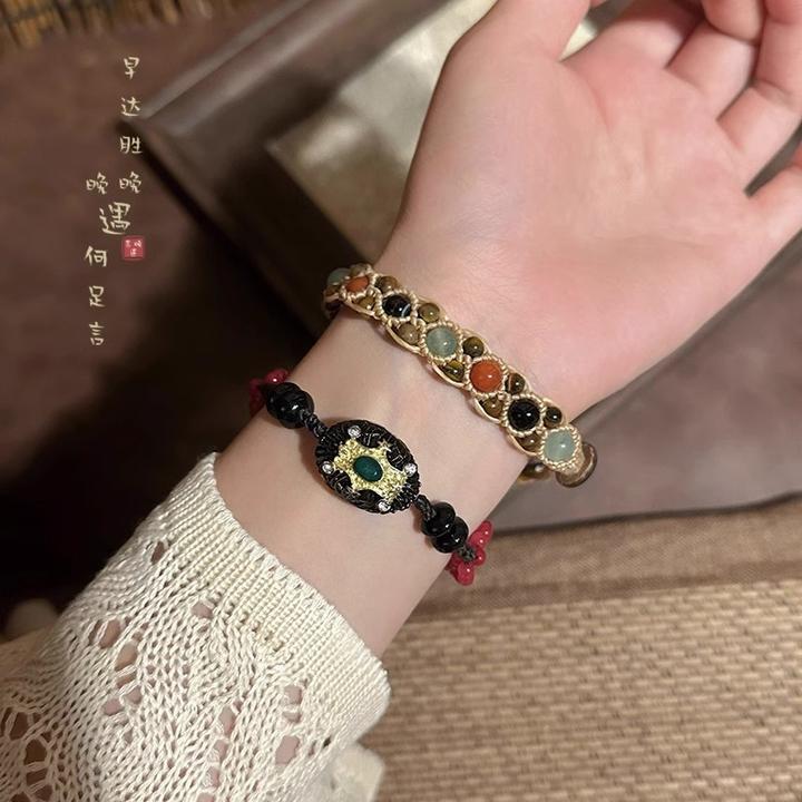 合金布艺手链 复古串珠手链女民族风小众精致手绳编织秋冬手饰品