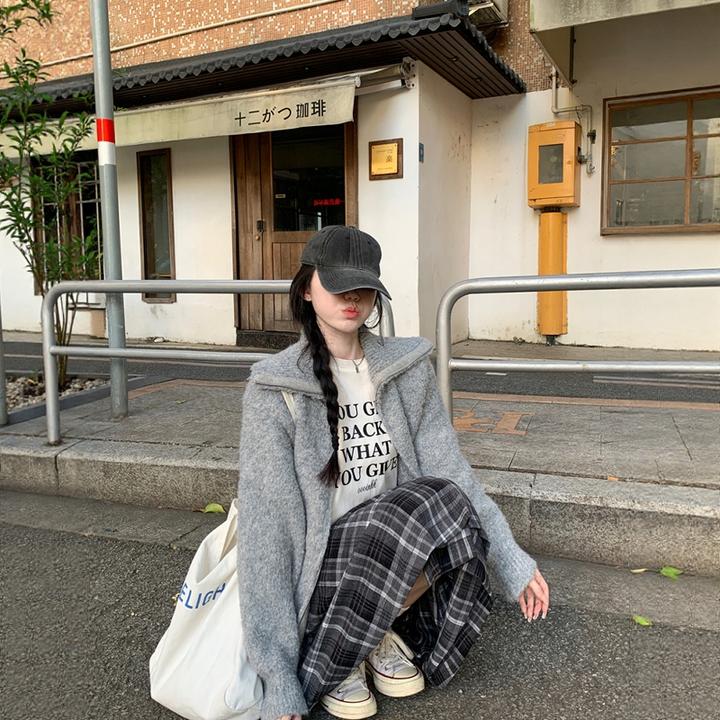 韩系翻领双拉链针织开衫毛衣女秋冬季仿浣熊绒慵懒风软糯外套上衣