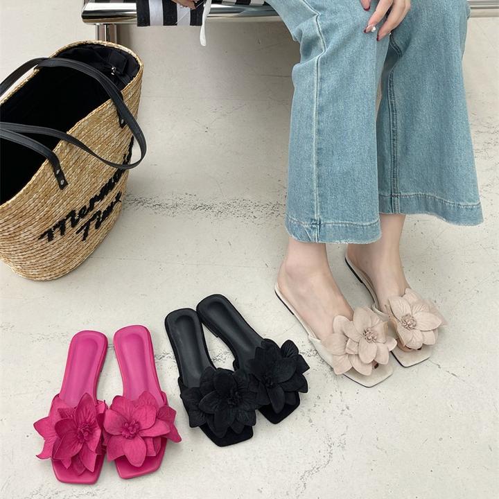 甜美花朵一字拖鞋外穿女鞋子2025夏季仙女底方露趾底凉拖网红时尚