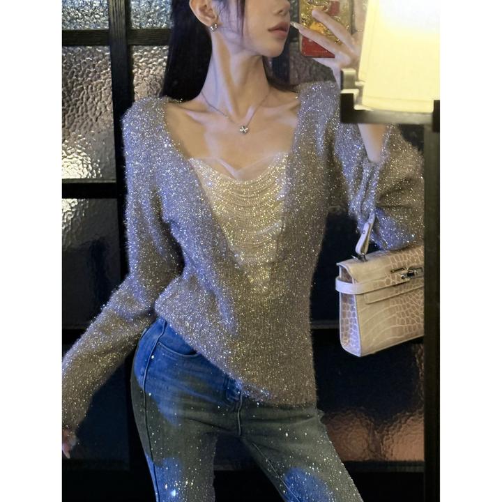 粉红PINK丨“星落”设计感时尚秋冬银线链条针织上衣FH25D4T3762