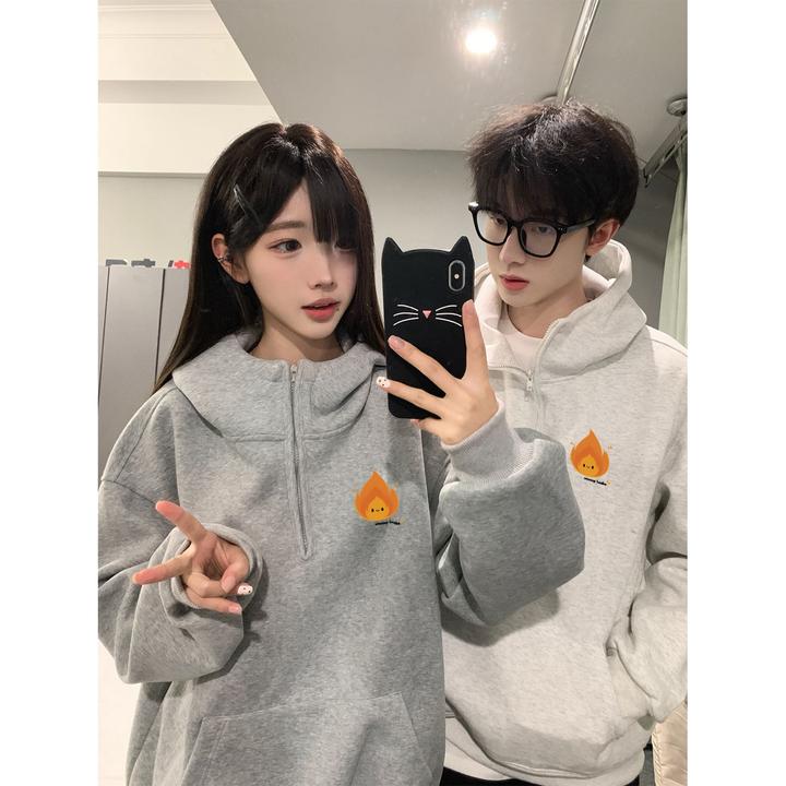 WASSUP HSUBE休闲宽松秋冬艺术印花卡通可爱火焰长袖卫衣情侣上衣