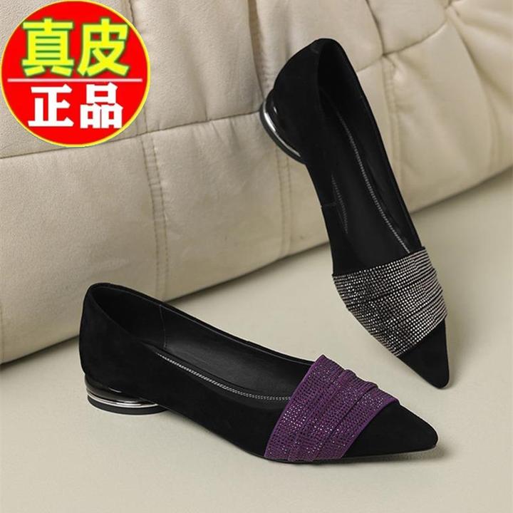 【万达撤柜】真皮不累脚配裙子单鞋秋新款水钻尖头浅口百搭低跟单鞋