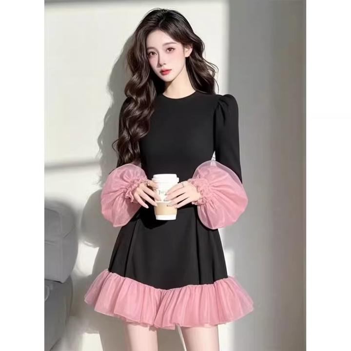 高级气质千金风网纱拼接黑色连衣裙女爆款2025春秋新款超好看裙子