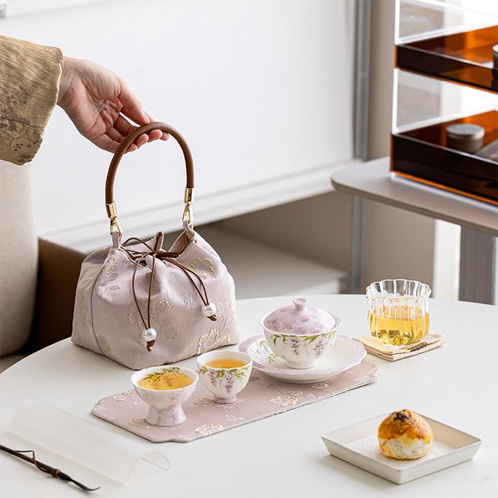 手绘紫藤花一壶两杯高档旅行茶具套装户外精致便携式泡茶具高颜值