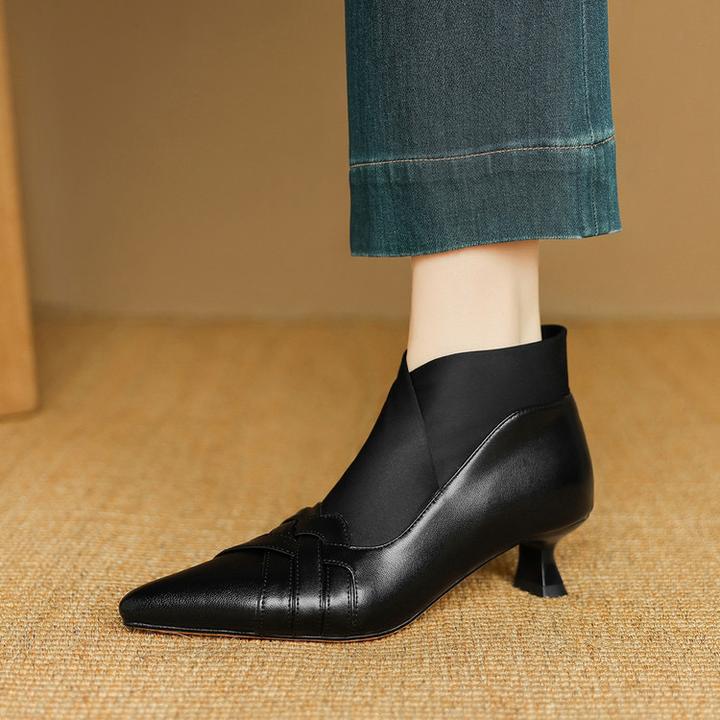 羊皮4cm～尖头中跟弹力加绒裸靴新款气质女细跟时装靴时装靴短筒