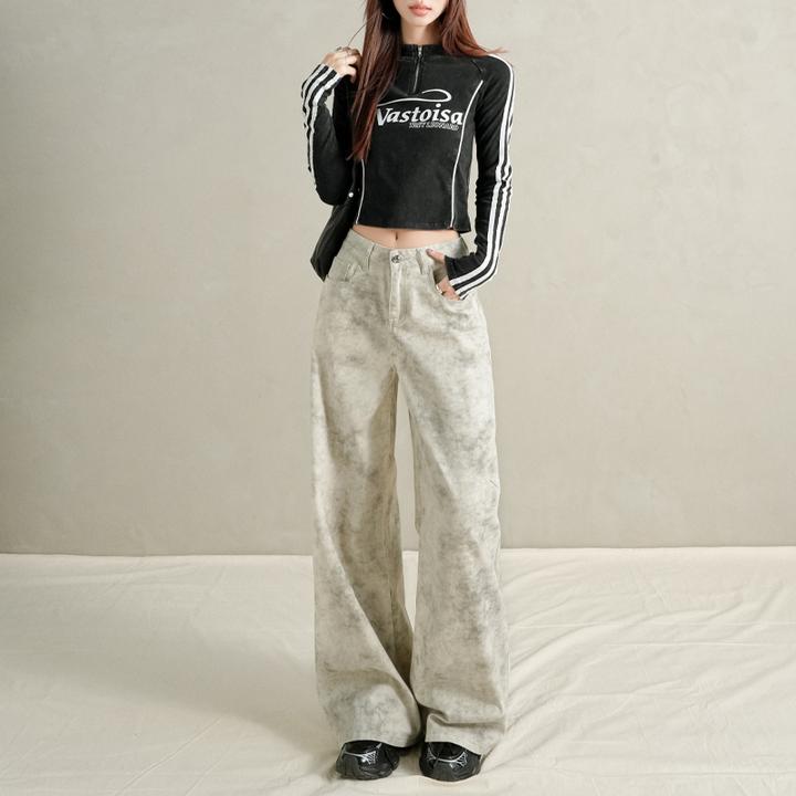 早秋新款新款＆时尚邂逅扎染奶杏超柔面料阔腿牛仔裤女